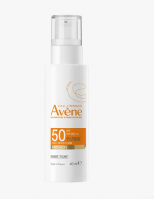 magen del protector solar Avene Anti-Age Solar SPF50+ en envase de 50 ml. Un fluido ligero con alta protección UVA y UVB, diseñado para prevenir el fotoenvejecimiento y proteger pieles sensibles con beneficios antioxidantes.