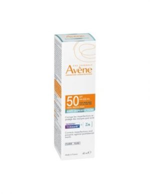 magen del protector solar Avene Solar Antiimperfecciones SPF50+. Fórmula especialmente diseñada para pieles grasas o con tendencia acneica, con alta protección UVA y UVB, acabado mate y acción seborreguladora."